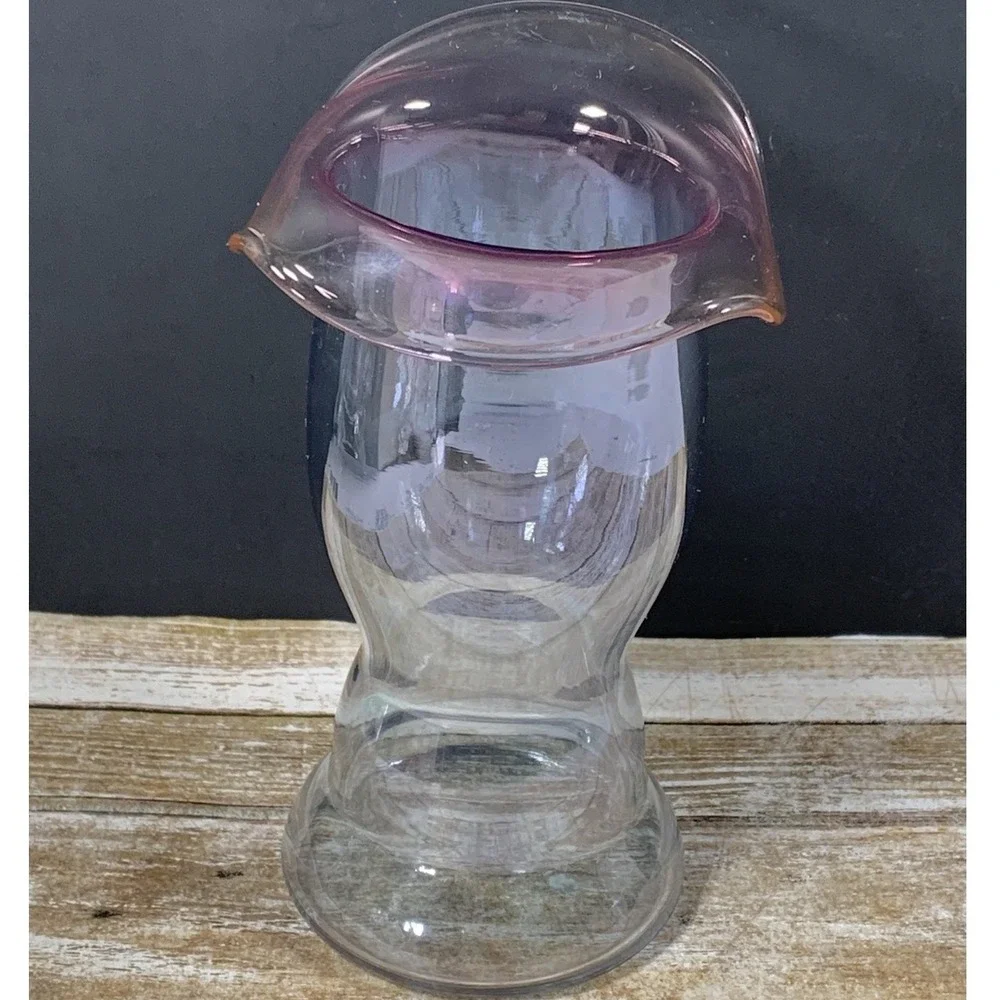 Hand Blown Art Glass Vase Pink Ruffled Fold Over Rim Clear Pedestal Base MCM